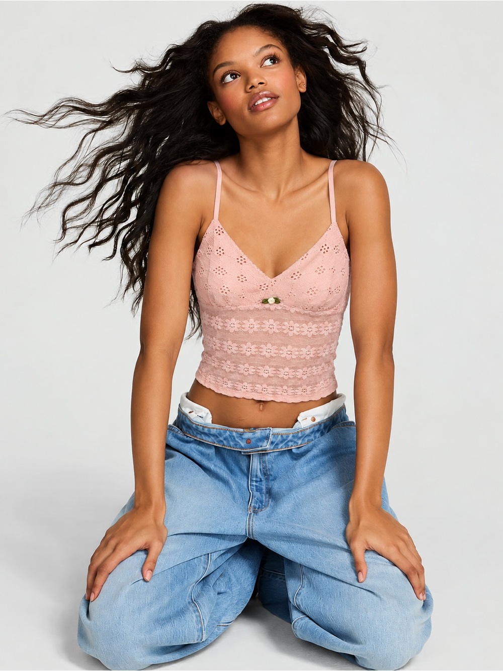 Delicate Pink Eyelet Lace Cami with Spaghetti Straps, XL